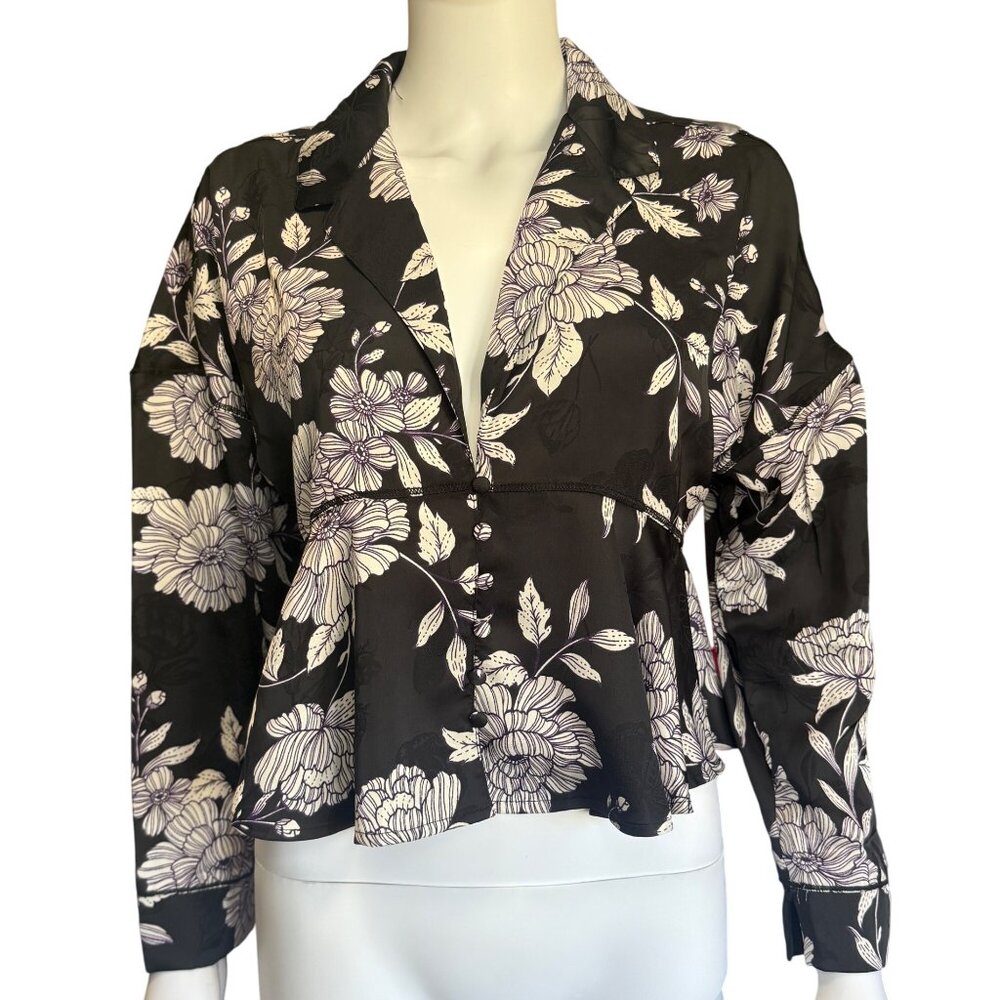 Intimately Free People Blouse Womens S Black Floral Peplum Button Detail